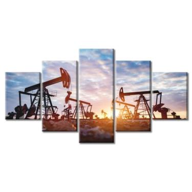 Imagem de Impressão em tela de 5 painéis, bomba de óleo, macaco, trabalho em campo petrolífero, arte de parede, extração de petróleo, pintura de parede, arte para decoração de casa, esticada e emoldurada pronta