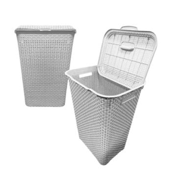 Imagem de Cesto de Roupas Plástico com Tampa 70L Estilo Rattan para Lavanderia e Banheiro (branco)