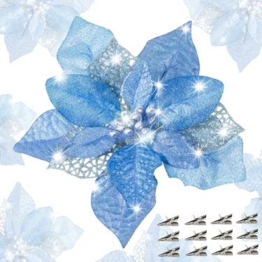 Imagem de QIHANS 24 peças de flores de poinsétia artificiais com clipes, decoração de Natal de 15 cm, poinsétia com glitter, decoração de flores de árvore de Natal para guirlanda de guirlanda de ano novo, festa