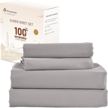 Imagem de Warmstar Jogo de lençol casal 100% algodão, 600 fios de cetim de algodão macio, bolso profundo, 4 peças, 1 lençol de cima, 1 lençol com elástico, 2 fronhas, cinza escuro