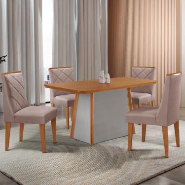 Imagem de Mesa De Jantar Diane 120cm Tampo Mdf Lam 4 Cadeiras Isadora Moderna Linho Capuccino Naturale Off White