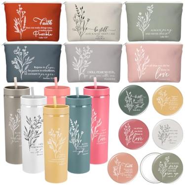 Imagem de Fumete 6 conjuntos de copos de presente cristão para homens e mulheres versículo bíblico skinny com canudo religioso bolsa cosmética espelho compacto para pastor esposa, escola dominical, professor