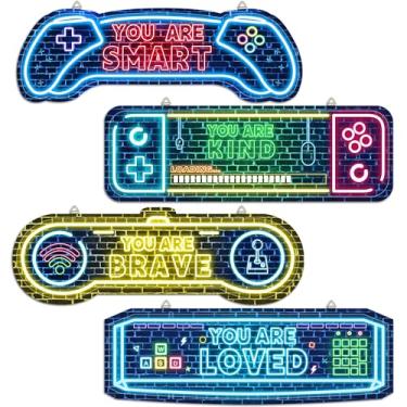 Imagem de Dudjotc 4 peças de decoração de sala de jogos para meninos, pôsteres de jogos neon impressos por jogadores, decoração de arte de parede moderna motivacional, acessórios de jogos e decorações para