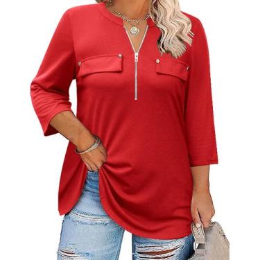 Imagem de Camisa feminina Kancystore, manga 3/4, decote em V, vermelha 4X
