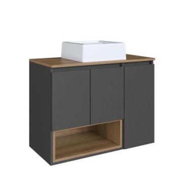 Imagem de Gabinete de Banheiro Suspenso 80cm com Cuba 3 Portas Mel/Grafite Cecíl
