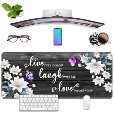 Imagem de Tapete de mesa com citação floral Live Laugh Love Tapete de mouse para jogos com porta-copos, 2GG grande estendido tapete para decoração de mesa, bordas costuradas, base de borracha antiderrapante