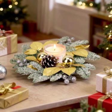 Imagem de Guirlandas de anéis de vela de Natal, guirlandas pequenas de 8,9 cm para armário de cozinha com bolas, pinhas, agulhas de pinheiro e frutas silvestres para decoração de mesa de Natal em casa (1, ouro)