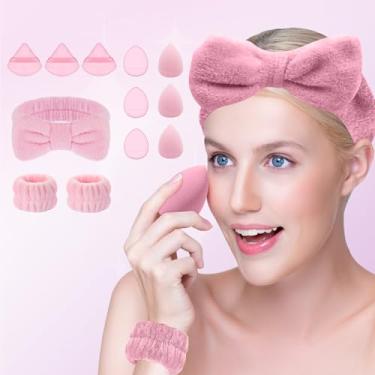 Imagem de Esponja de maquiagem de 15 peças, conjunto de ferramentas de maquiagem facial macia para amantes da beleza, com faixa de cabelo e pulseiras (rosa)