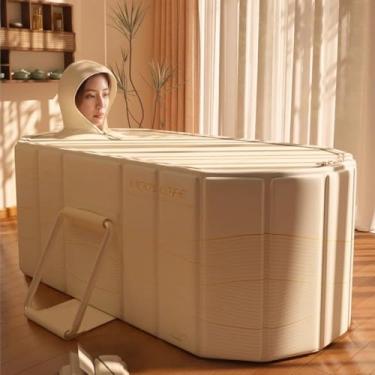 Imagem de YYW Banheira portátil para adultos, banheira de imersão dobrável em pé, sauna japonesa, spa japonês, banheira de gelo quente dobrável para chuveiro, banheiro (ouro com tampa, 150 x 86 x 50 cm (C x L x