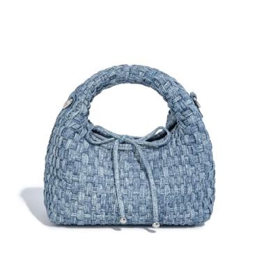 Imagem de JINMANXUE Mini bolsa feminina moderna, sacola de tecido, bolsa composta, bolsa de corrente de tricô, bolsas de ombro transversais, Jeans com laço azul claro