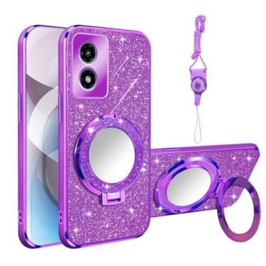 Imagem de Nuouxoco Capa para Moto G Play 4G 2024 com suporte de anel magnético embutido espelho e alça de pulso capa traseira transparente com glitter cartão TPU macio à prova de choque para Motorola Moto G