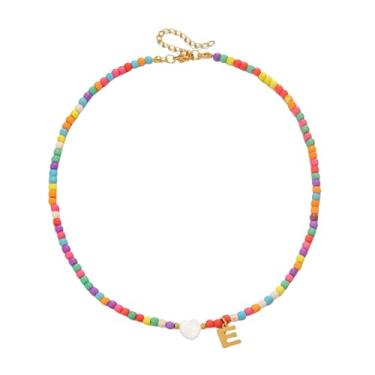 Imagem de Gargantilha feminina com contas de ouro 18 quilates - pingente de letra colorida de aço inoxidável impermeável - joia com pingente de alfabeto personalizado - Presente personalizado delicado para