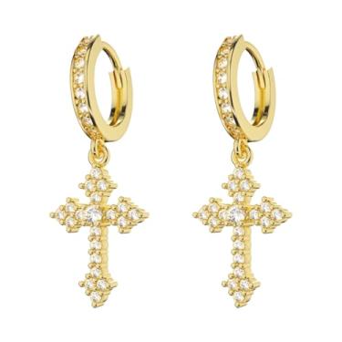 Imagem de Brincos de cruz para homens e mulheres, banhados a ouro 14K, hipoalergênicos, brincos pendentes de prata esterlina, Latão, Zircônia cúbica