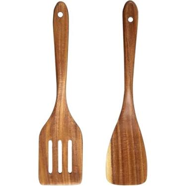 Imagem de Conjunto de espátulas de 2 peças para panelas antiaderentes, material de madeira, utensílios de cozinha, espátula plana e espátula tripla para cozinhar virar