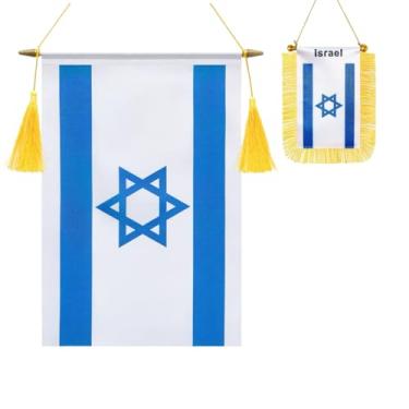Imagem de Pacote com 2 bandeiras de parede de Israel, mini bandeira israelense pendurada na janela do carro, acabamento acetinado, tecido resistente, bandeiras patrióticas para decoração de espelho retrovisor