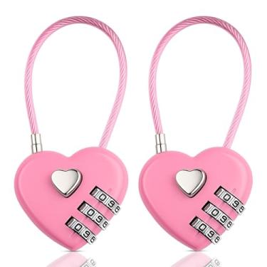Imagem de 2 peças de cadeado de combinação rosa em forma de coração com código, código de 3 dígitos para bagagem, armário de academia, zíper de mochila, segurança de viagem, trava de academia e travas de