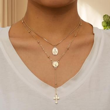 Imagem de Colares femininos minimalistas em camadas, rosário religioso, crucifixo, gargantilha com pingente de cruz, joias modernas, 36+7cm, Ferro Metal, Sem Pedra Preciosa