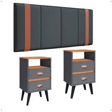 Imagem de Kit Mesa Cabeceira Classic Gavetas Organizadoras Retrô Cinza/Cinamomo Painel Suspenso Estofado Cama Box Queen Size 1,60 Suede - Lojas RPM