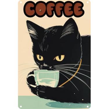 Imagem de Placa de metal de alumínio vintage de gato café 20 x 30 cm - Arte de parede retrô de gato preto e cerveja para cozinha, café e espaços aconchegantes, pôsteres pendurados para decoração