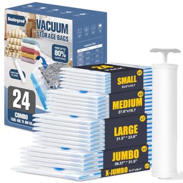 Imagem de BoxLegend Sacos de armazenamento a vácuo com bomba manual grande combo 24 (1X-Jumbo, 4 Jumbo, 7 grandes, 6 médios, 6 pequenos) Sacos de vedação a vácuo espessos para roupas, cobertor, travesseiro