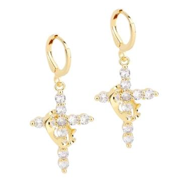 Imagem de Brincos Coroa Cruz Dourada, Brincos Pendentes Delicados com Zircônia em Formato de Coroa Cruzada Joias Religiosas para Mulheres Presentes Atenciosos