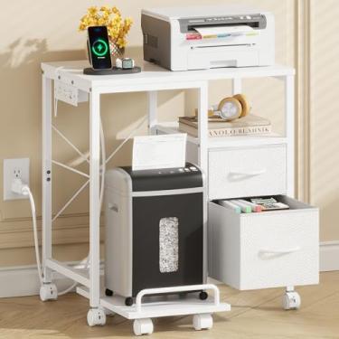Imagem de YAOHUOO Suporte de impressora com tomada/gavetas de tecido, armário de impressora com prateleira de armazenamento e suporte para triturador de rolos, mesa de impressora para escritório em casa, 58 cm