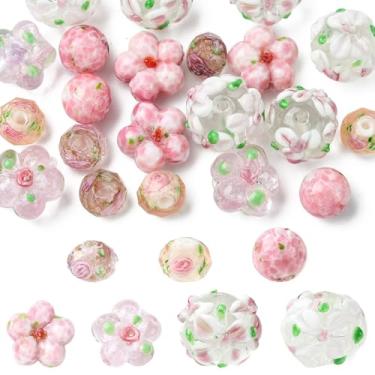 Imagem de Stiesy Contas de flores feitas à mão, 21 peças, estilo rosa, abaco, redondo, abaco, contas de vidro a granel para fazer joias artísticas DIY e projetos de artesanato profissional