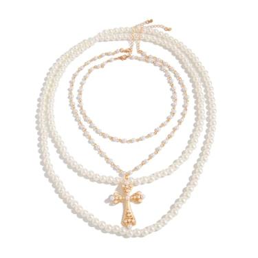 Imagem de Colar com cruz de pérola grossa, multicamadas, contas falsas, gargantilha empilhada, colar de cruz grande, joias, outono, inverno, decorações de roupas, one size, Zinco, Sem Pedra Preciosa