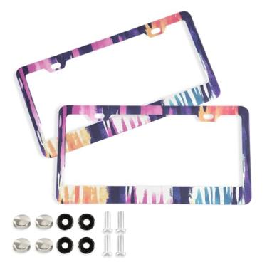 Imagem de CEBUGI Pacote com 2 molduras de placa de carro de alumínio capas de moldura de placa de carro com 2 furos coloridos tie-dye acessórios automotivos para placas dianteiras e traseiras orifício elíptico