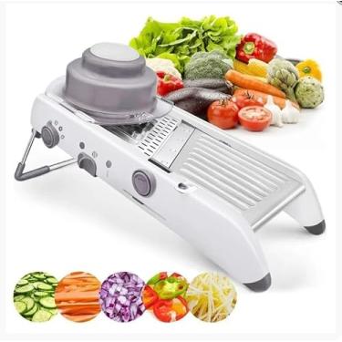 Imagem de Mandoline Profissional em Aço Inox – Cortador e Fatiador Ajustável (1 a 7,5mm) – Lâminas Afiadas e Apoio de Segurança – Alta Durabilidade para Legumes e Frutas