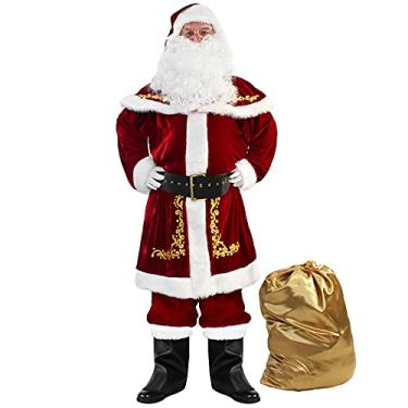 Imagem de WeGuard Conjunto de fantasia de Papai Noel adulto de veludo deluxe para homens, 12 peças, fantasia de Papai Noel (grande) vermelho