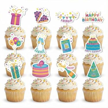 Imagem de 24 peças de topo de cupcake de feliz aniversário, enfeites de bolo de aniversário, palitos de cupcake coloridos decoração de bolo para festas de cakeday, chás de bebê, artigos de festa de bolo para