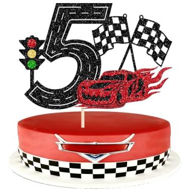 Imagem de 1 pacote de topo de bolo de carro de corrida 5º aniversário glitter semáforo carro de corrida bandeira xadrez escolha bolo decorações de bolo de cinco anos para tema de corrida chá de bebê meninos
