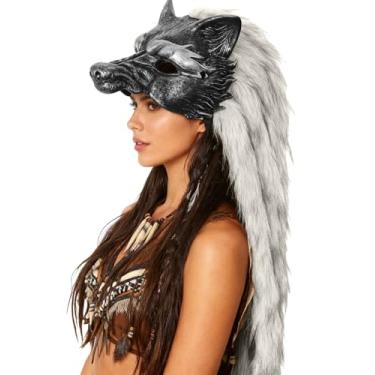 Imagem de Joukavor Máscara de lobo viking com pele de bárbaro para cabeça de lobisomem para cosplay de Halloween (prata)