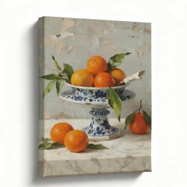 Imagem de Arte de parede em tela vintage natureza morta, tigela de frutas de porcelana azul e branca com laranjas, decoração de parede de cozinha e sala de jantar, pintura a óleo impressa galeria embrulhada