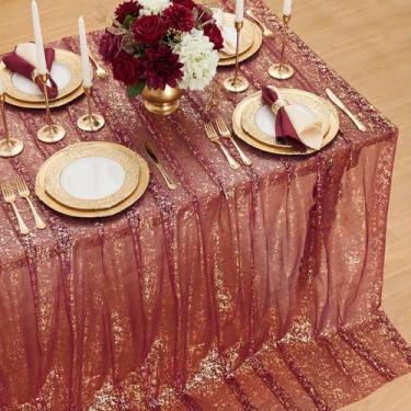 Imagem de Horaldaily Toalha de mesa retangular de gaze dourada bordô, 152 x 354 cm, folha metálica com glitter de lantejoulas douradas, gaze de tule transparente para casamento, chá de bebê, cerimônia de