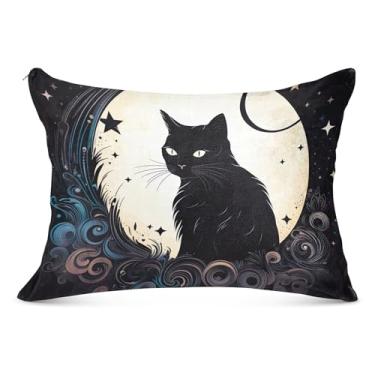 Imagem de Capa de travesseiro vintage lua gato preto grande flanela decorativa longa padrão queen king size fronha de cama fofa, tamanho do corpo, 53 cm x 137 cm