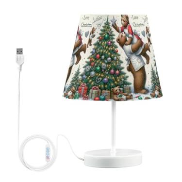 Imagem de Joisal Luz de cabeceira Christmas Bears com abajur de cabeceira de linho, abajur de mesa com porta USB