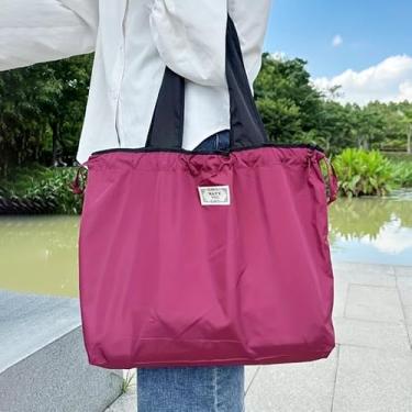 Imagem de Sacola feminina grande reutilizável com cordão, bolsa de compras de ombro dobrável para compras de supermercado, lavável, vinho