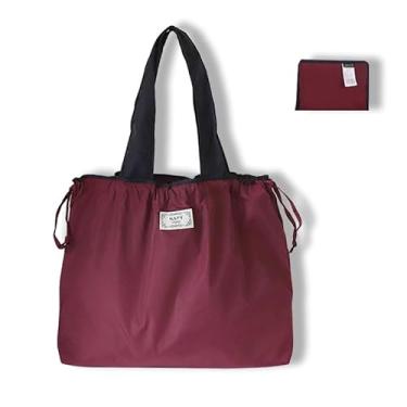 Imagem de Sacola feminina grande reutilizável com cordão, bolsa de compras de ombro dobrável com design lavável para compras, vinho