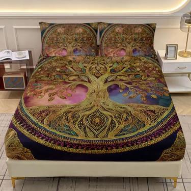 Imagem de AILONEN Jogo de lençol Queen Tree of Life, planta floral retrô, boêmia, árvore da vida, lençol com bolso profundo com 2 fronhas, 3 peças