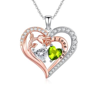 Imagem de WYDDO Colar de coração rosa para mulheres, pingente de pedra de nascimento duplo, presente de aniversário e Natal para sua esposa, mãe, filha, Base, Zircônia cúbica
