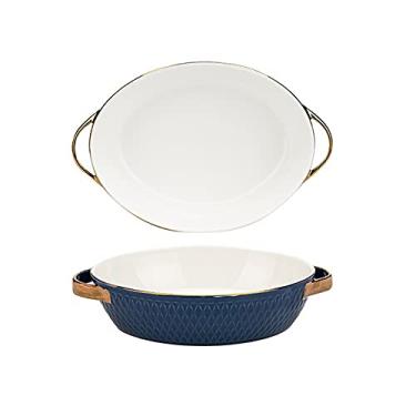 Imagem de Conjunto de 2 assadeiras de cerâmica pratos de jantar redondos, assadeira segura para forno com alças prato oval, bandejas de jantar para servir comida (cor: laranja) (azul)