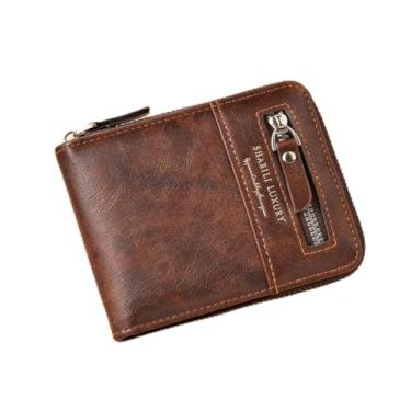 Imagem de Carteira masculina retrô marrom escuro curta aberta de couro PU brilhante resistente à água, design retrô marrom escuro curto aberto com couro PU brilhante e tratamento resistente à água