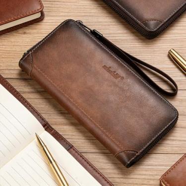 Imagem de Carteira masculina retrô marrom claro de grande capacidade de couro liso de grão fosco ultrafina, design aberto retrô de grande capacidade com couro liso de grão fosco, ultrafina