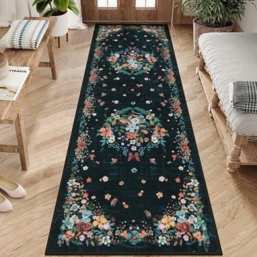 Imagem de Sivilife Tapete de corredor preto para entrada interna, tapete lavável floral 5 x 15 com suporte de borracha para corredores, quarto, cozinha, lavanderia, cabeceira