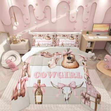 Imagem de Manfei Jogo de cama solteiro com laço rosa, estilo cowgirl, retrô, guitarra de fazenda, para decoração de quarto de crianças, meninas, meninos, laço feminino, cavalo macio, para todas as estações, 1