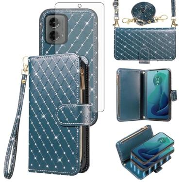 Imagem de Capa carteira compatível com Motorola Moto G 5G 2024 com zíper destacável e protetor de tela de vidro temperado alça transversal com glitter flip porta-cartões para celular G5G 5 G G5 feminino verde