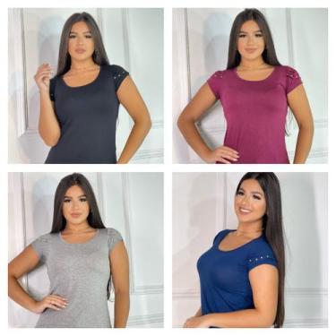 Imagem de kit 4 Blusas feminina básica t-shirt detalhe na manga - GK Toda Bela, 