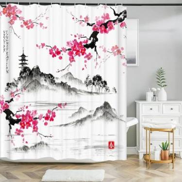 Imagem de Cortinas de chuveiro estilo japonês com flores de ameixa para banheiro, cortina de banho de poliéster frábico, impermeável, com ganchos, 94 x 180 cm/LxA, cortina de chuveiro de tecido
